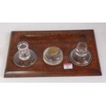 LNER desk inkstand, approx 9"x12" oak polished base, with glass inkpot with brass top, with two