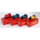 A collection of 0-4-0 locomotives, R355 blue 'Nellie', blue 'Connie', R355Y yellow 'Connie', no