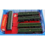 2 Triang DMU sets, all items with Mk3 couplings and BR green, 3 car set with seats and 2 car set, no