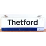 BR running-in board, hinged but name on top part only 'Thetford', blue & white with black name