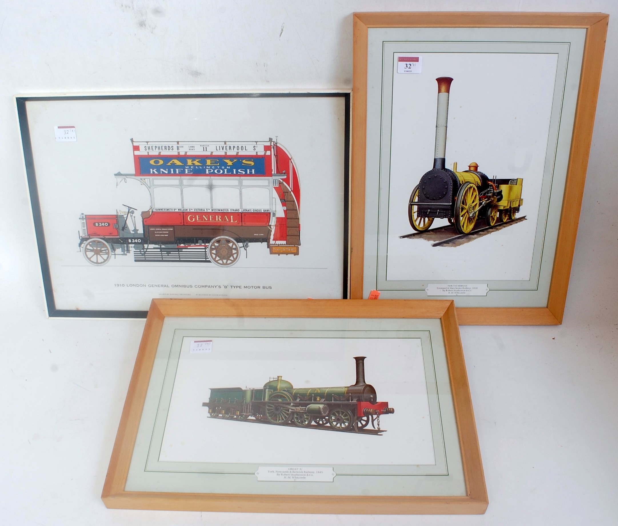 Three framed and glazed prints of transport interest: 1910 LGOC 'B' type bus, York Newcastle and