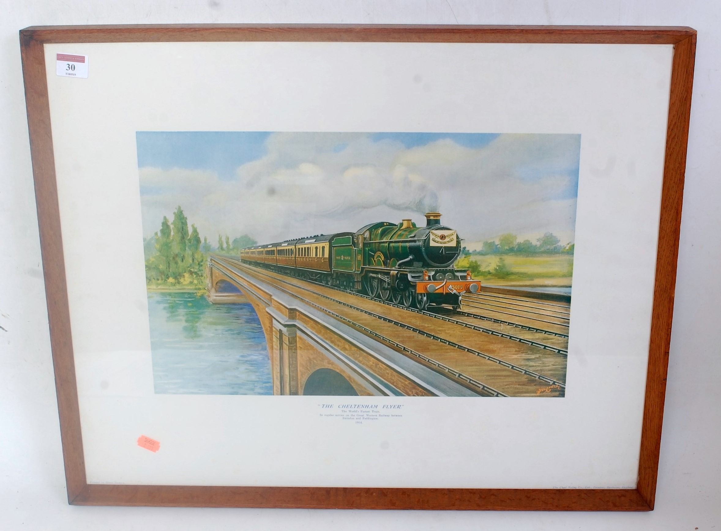 Framed and glazed landscape coloured print 25"x20" 'The Cheltenham Flyer', Castle class loco No.