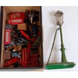 Small box associated mainly lead figures and station accessories, including Bing lamp standard