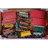 Large tray containing 19 post-war Hornby wagons (5 boxed - BR goods brake, LMS No. 1 open,