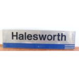 BR running-in board 'Halesworth' unpainted aluminium with blue paint, black name, some corrosion
