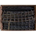 Large box of approx 30 brass/wooden sleeper 2 rail and 3 rail curved track, 3 rail is raised