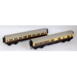 Two GWR bogie corridor coaches with hand made coachboards, coarse scale wheels, all/3rd and Br/