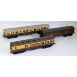 Three GWR scratch built bogie vehicles, autocoach No. 171, clerestory Br/3rd suburban and amended