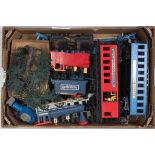 Three large trays of plastic items including Big Train ‘Blue Flyer’ loco, some Lima wagons; Hornby