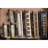 Large tray containing 7 Hornby pre-war coaches: Riviera Blue sleeping car, replacement celluloids (