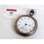 A silver plated Waltham open faced railway pocket watch comprising silver plated case, with Arabic