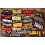 Large tray containing 16 Hornby pre-war goods wagons with two no. 1 LNER 1st/3rd clerestory roof