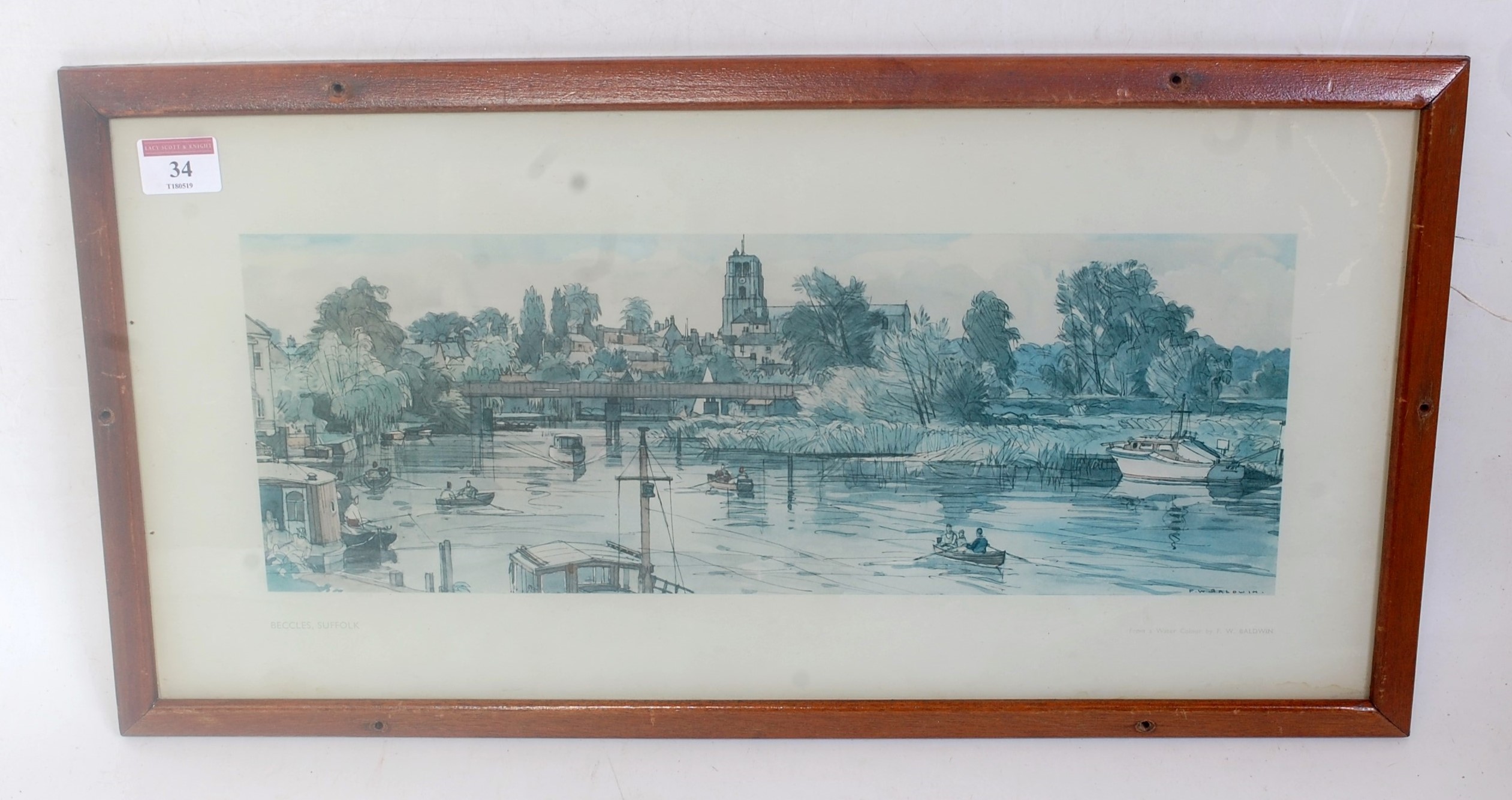 Carriage print showing Beccles, Suffolk, from river Waveney after FW Baldwin, original frame and