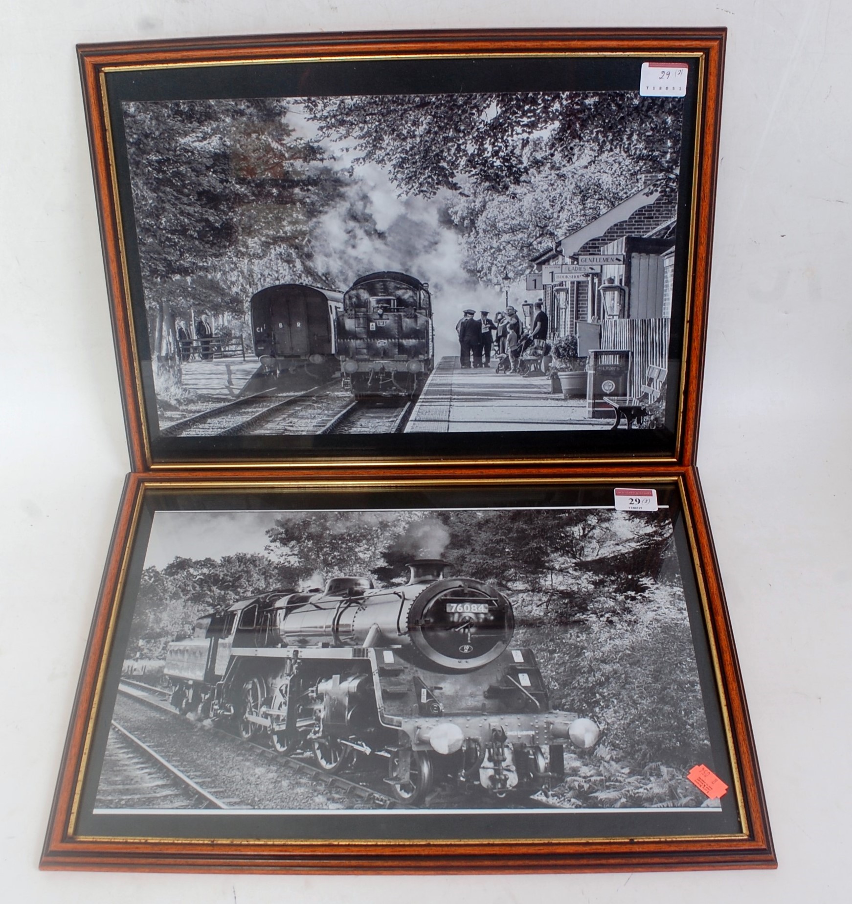 Pair black and white framed and glazed photos 17"x13" showing views of trains on North Norfolk