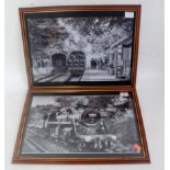 Pair black and white framed and glazed photos 17"x13" showing views of trains on North Norfolk