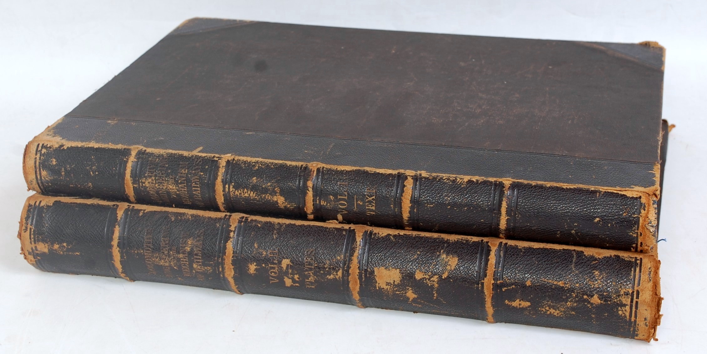 Two leather bound volumes titled Locomotive Engineering and the Mechanism of Railways, Vols 1&2,