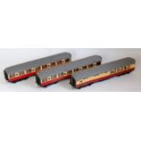 Three bogie coaches BR red/cream corridor coaches built from Kirk kits, unfortunately one or two