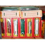 Tray containing 18 Triang Hornby TC series freight cars, 14 in window boxes and 4 in blister packs
