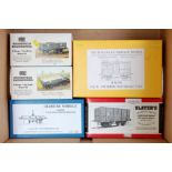 Five assorted wagon kits including 'The Carriage & Wagon Works' NER 10 ton birdcage brake van,