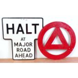 An aluminium roadside 'Halt at Major Road Ahead' sign, black on white with red warning triangle in