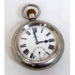 A silver plated open faced pocket watch by Record comprising enamel dial with Roman numerals and