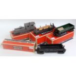 4x Lionel boxed freight items including black automatic lumber car No. 3451 (G-BF), olive green