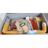 Large plastic box containing quantity of scenic materials, some packeted, plastic and wood sheets,