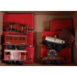 Tray containing post-war Hornby items - BR cattle truck; National Benzole tanker; NE goods brake;