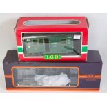 LGB G scale green post van ref 3019 (G-BF) with a Train G scale black bogie flat wagon (G-BF)