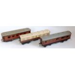 Three bogie coaches, Bing LMS maroon coach with internal fittings, tables and chairs and added