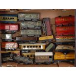 Large tray approx 20 assorted tinplate English/German wagons, coaches, 2x locos, one tender (a/f)
