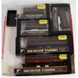 5 Graham Farish LMS maroon coaches, 3x four wheel and 2 bogie coaches (one body loose from