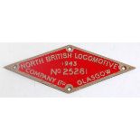 An original brass diamond Locomotive Works plate North British Locomotive Company Ltd, No. 25281