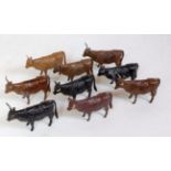 Nine various loose Britains lead hollow cast farm series bulls, some finished in black, others