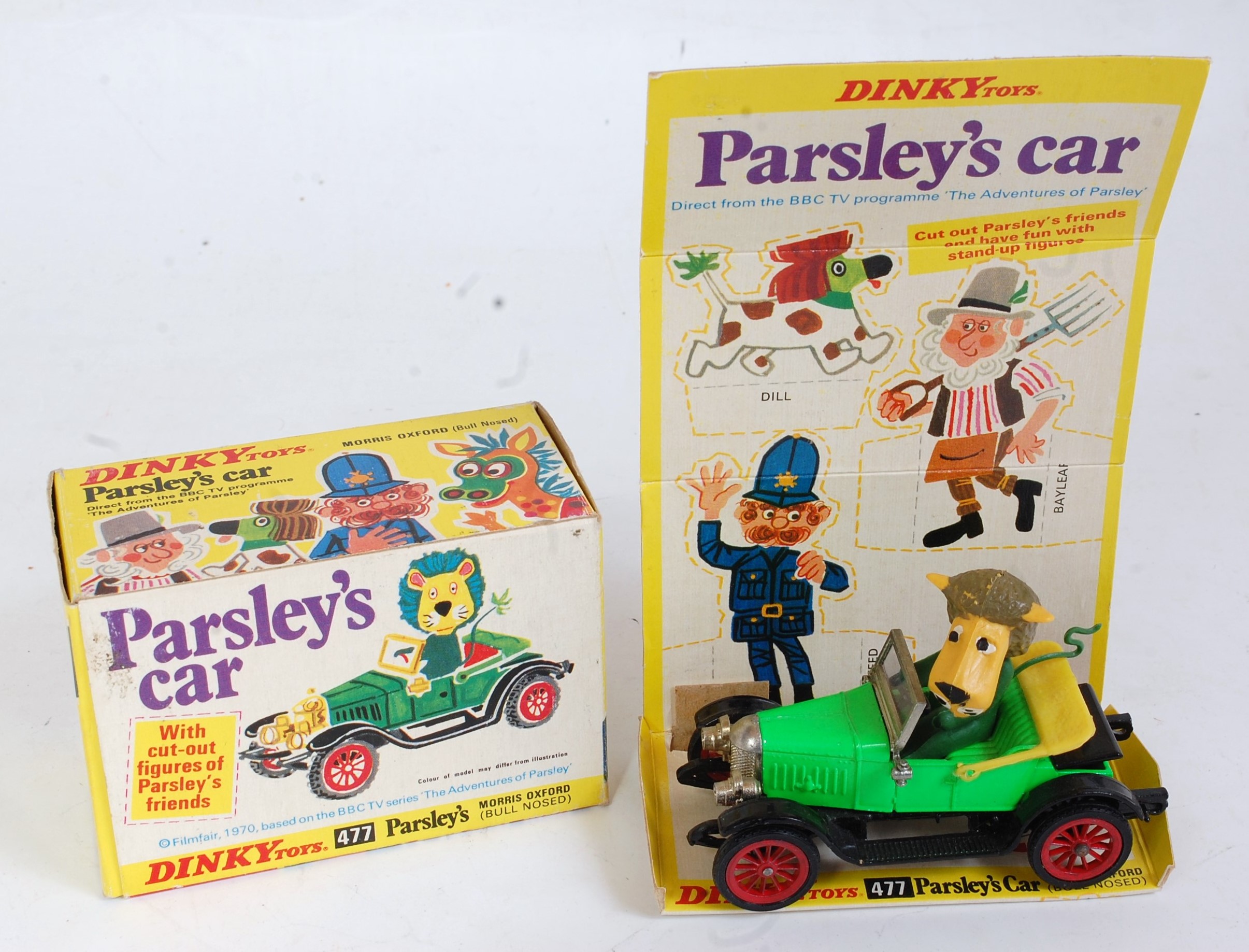 A Dinky Toys No. 477 Parsley's Car comprising of green, black and yellow body with Parsley as the