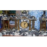 A large late 19th century veined marble and gilt brass mounted clock garniture of architectural