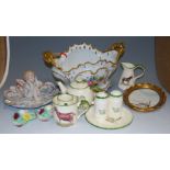 A box of mixed chinaware, to include porcelain mantel clock, table centrepiece etc (some a/f)