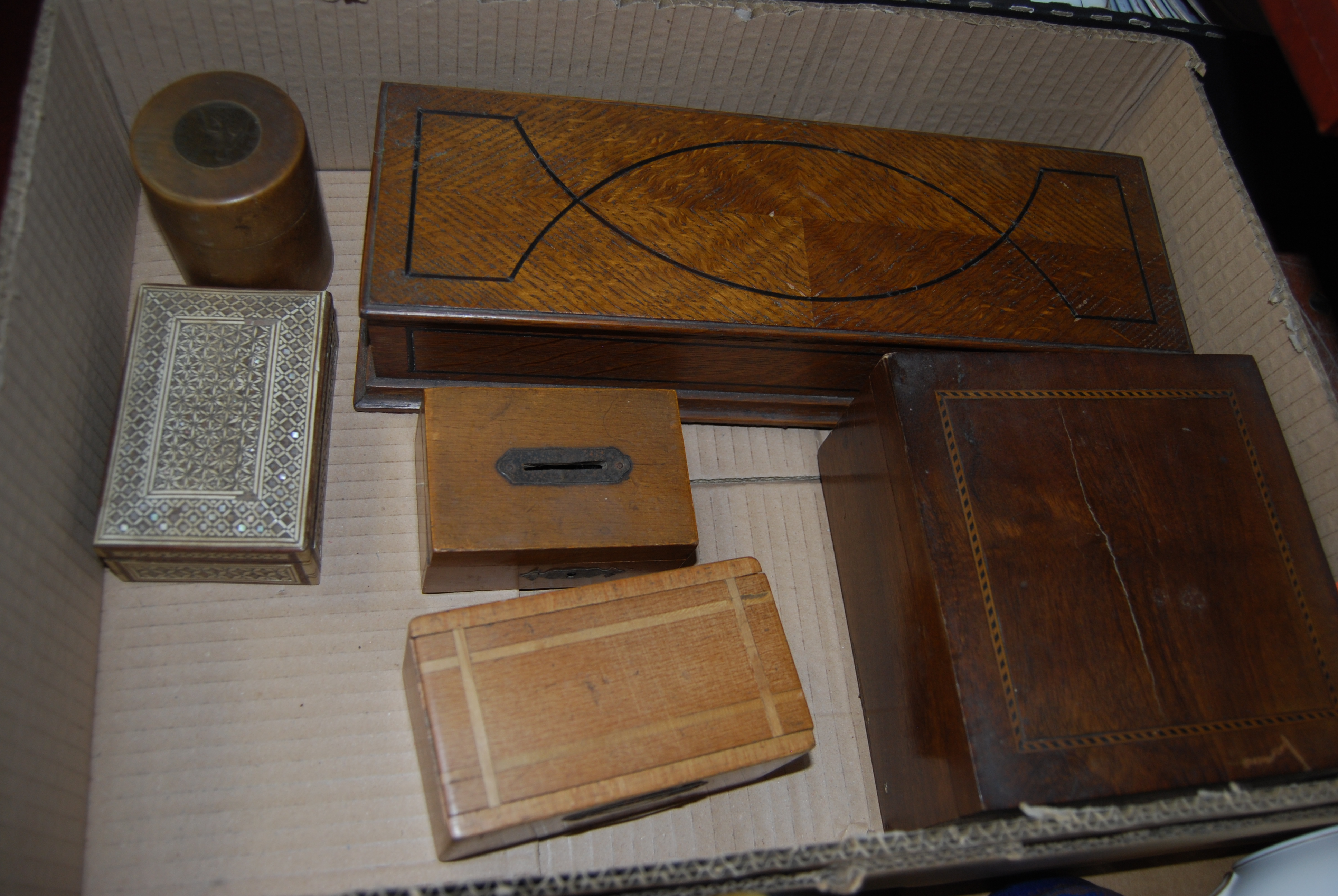 An Edwardian oak and ebony strung glove box together with treen jar and cover inset with a George