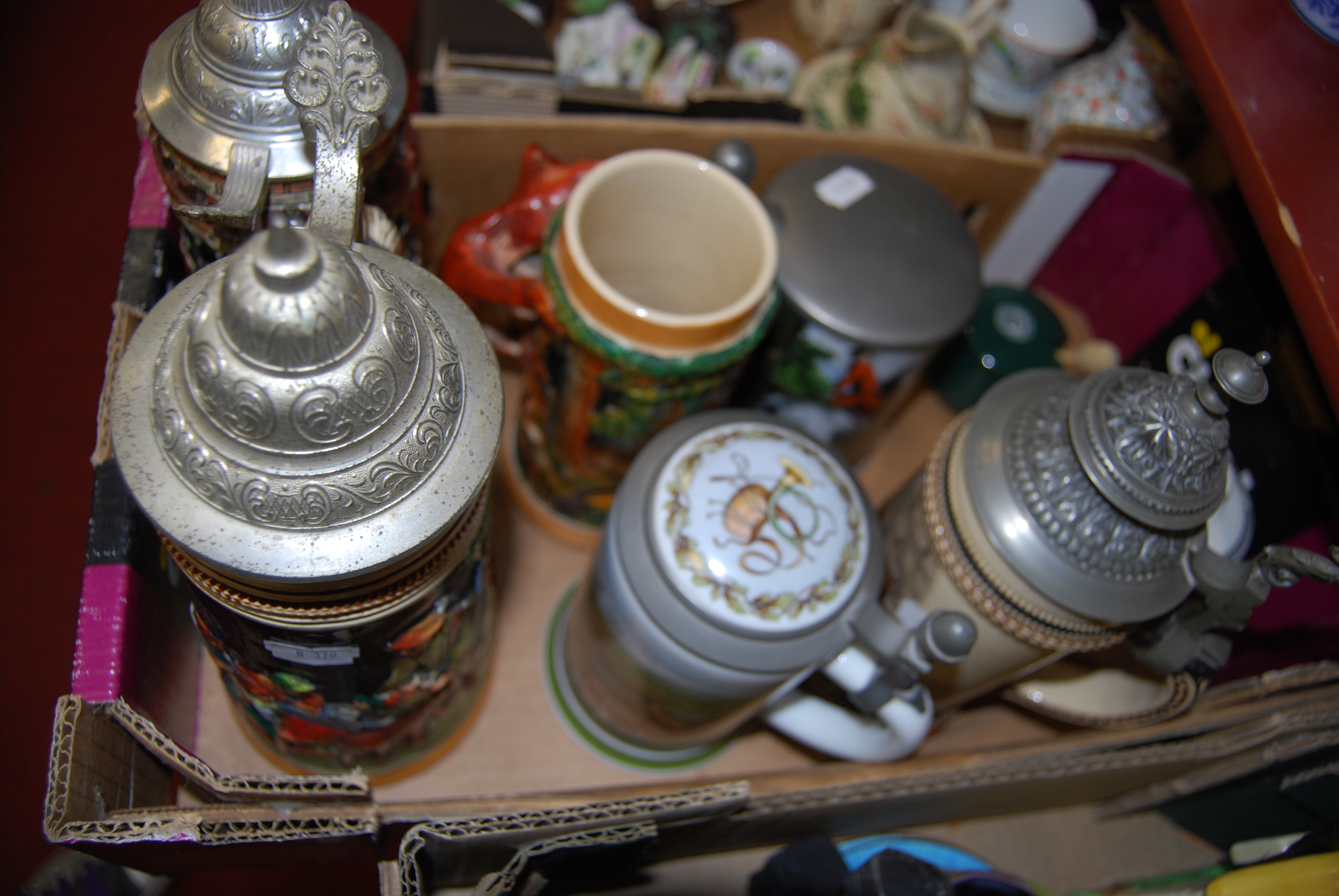 A box of miscellaneous items, to include continental beersteins, Fortnum & Mason jar and cover etc