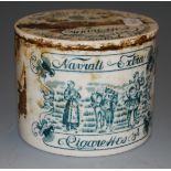 A Victorian Staffordshire tobacco jar and cover, advertising Navratti Extra cigarettes, chip to