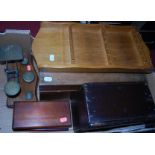 A box of miscellaneous items, to include a set of Post Office scales and weights, spoon-rack etc