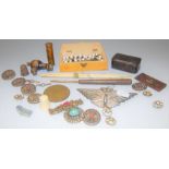 A small collection of miscellaneous items to include Mauchlin ware box, button hook, leather stamp