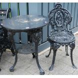 A Victorian black painted and pierced cast iron based pub table, having a painted wood circular top,
