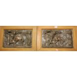 Four bronzed composition relief plaques depicting blacksmith shoeing a horse (all matching); one