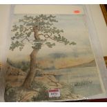 Japanese watercolour of bamboo, together with two Japanese prints (all unframed)