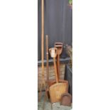 Two rustic softwood shovels, together with a pitchfork etc (6)