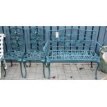 A contemporary green painted pierced metal two seater garden bench, width 120cm, together with a