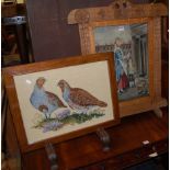 An early 20th century relief carved oak framed and tapestry inset fire screen, together with one