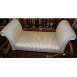 A contemporary mahogany framed and striped upholstered two-seater scroll arm window seat, length
