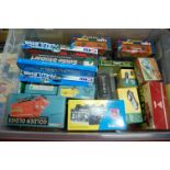 One box containing a quantity of mixed boxed diecast and tinplate items to include a Corgi Toys